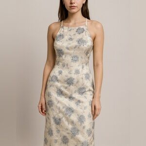 VTG All That Jazz Y2K Satin Jacquard Floral Slip Dress Embroidery New Years M